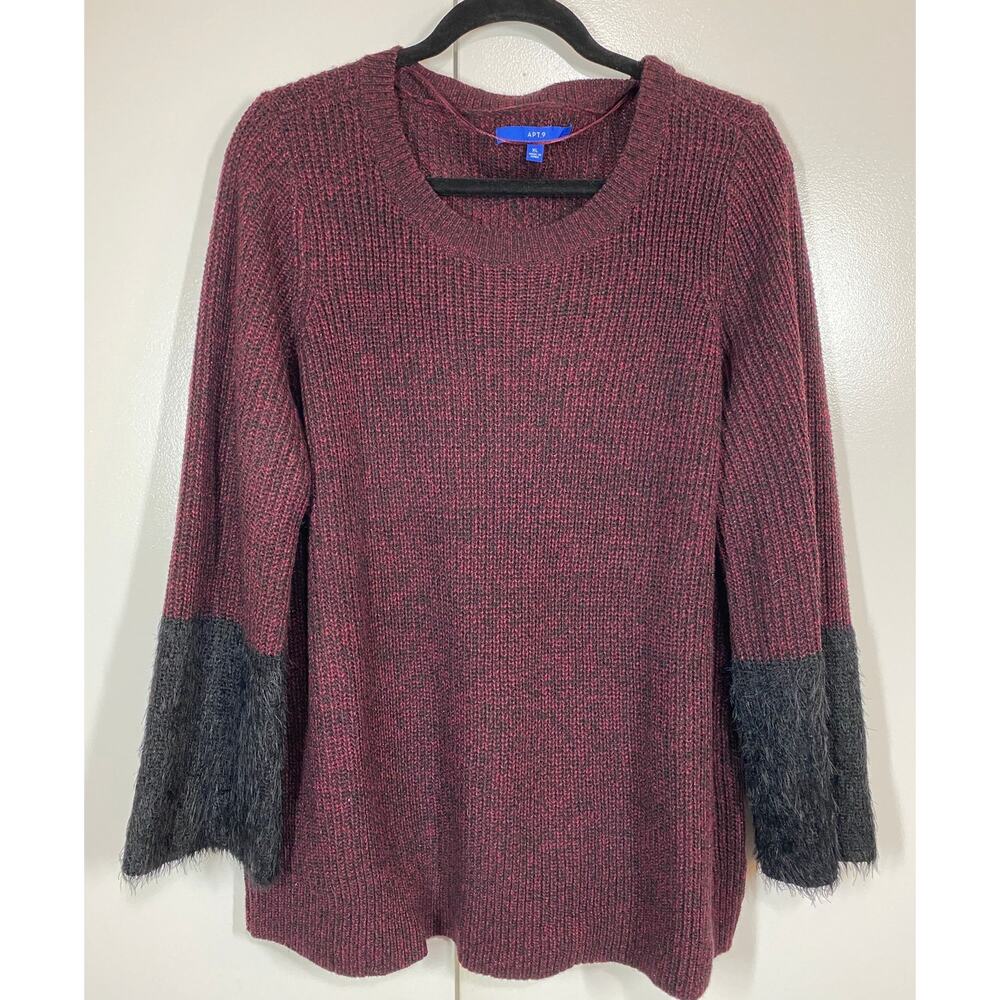 APT 9 Maroon Pullover Long Sleeve Black Fuzzy Cuffs Tunic Sweater Size XL - Picture 2 of 9